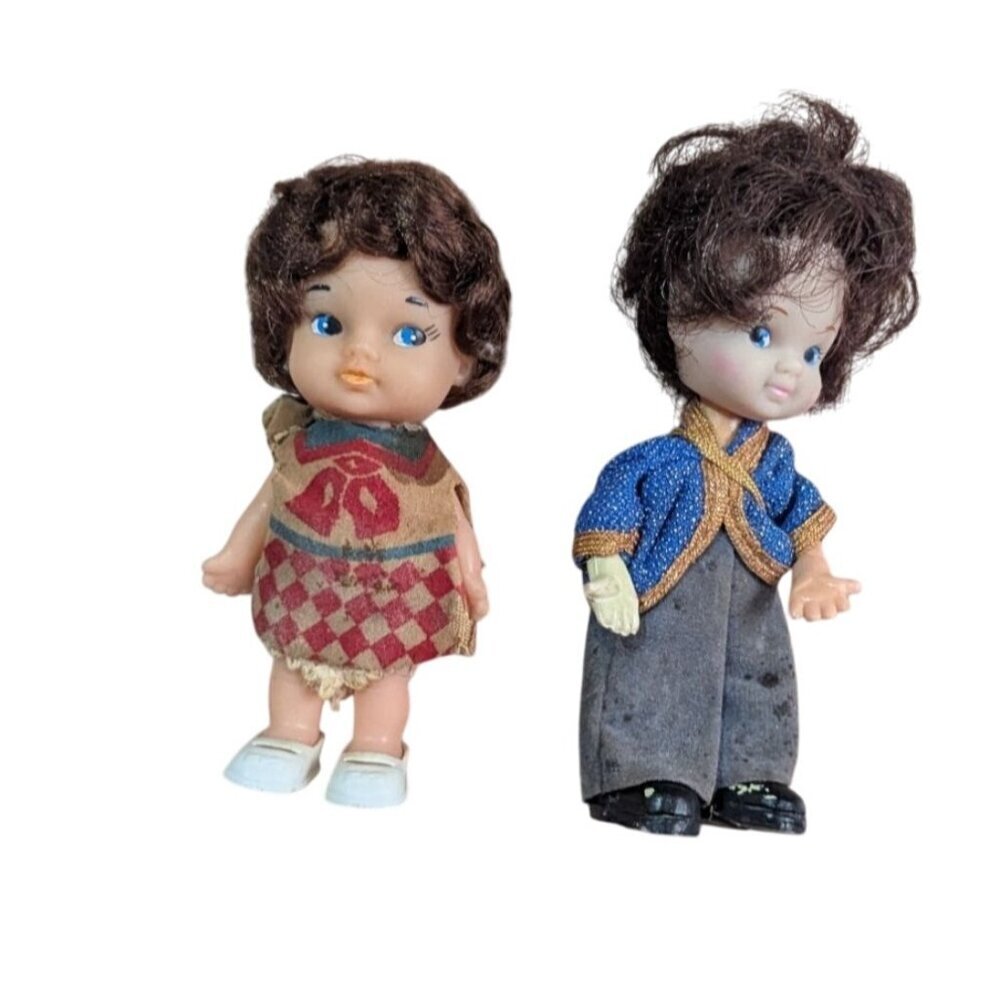 2 Vintage dolls 4.5"‎ brown hair blue painted eyes  rooted hair  as is